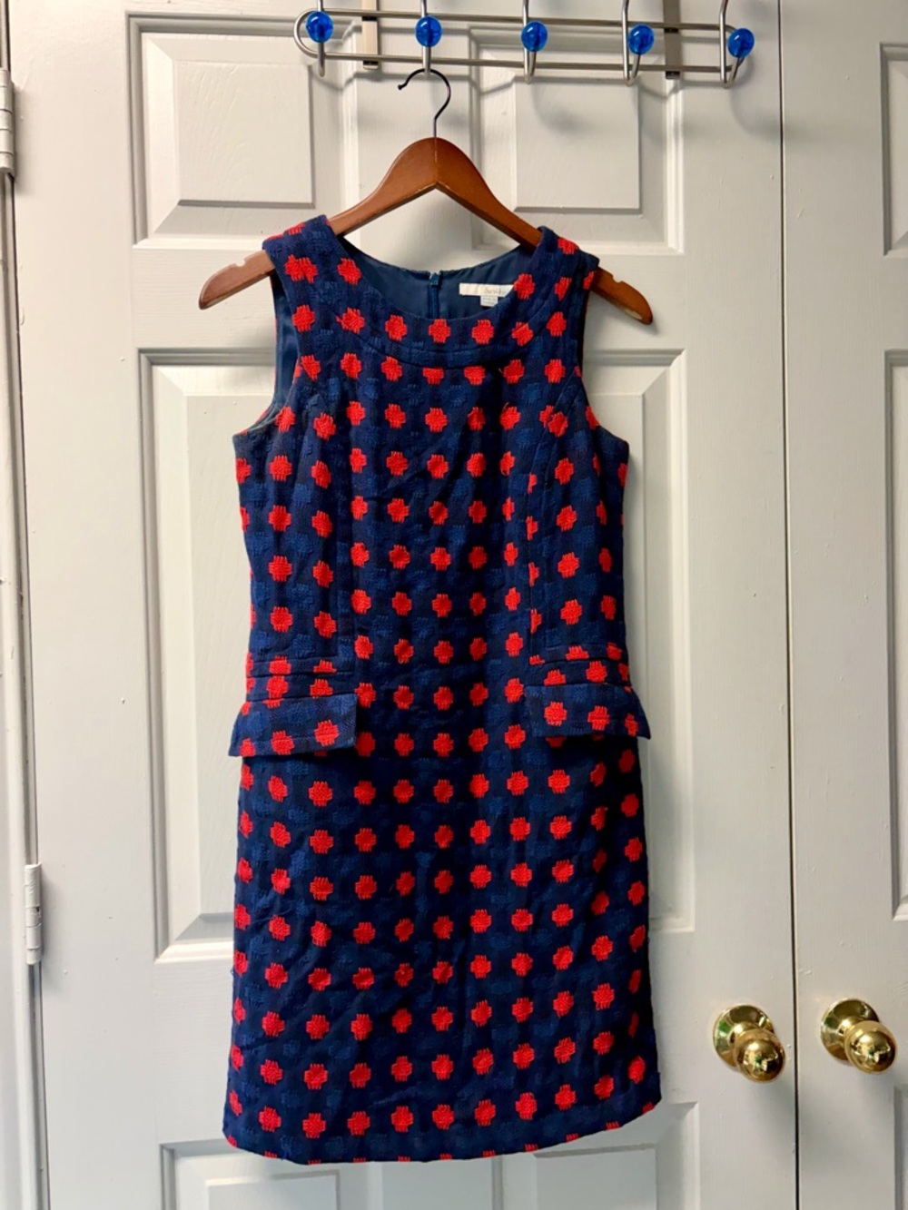 Boden Navy Midi Dress with Red Dot Pattern